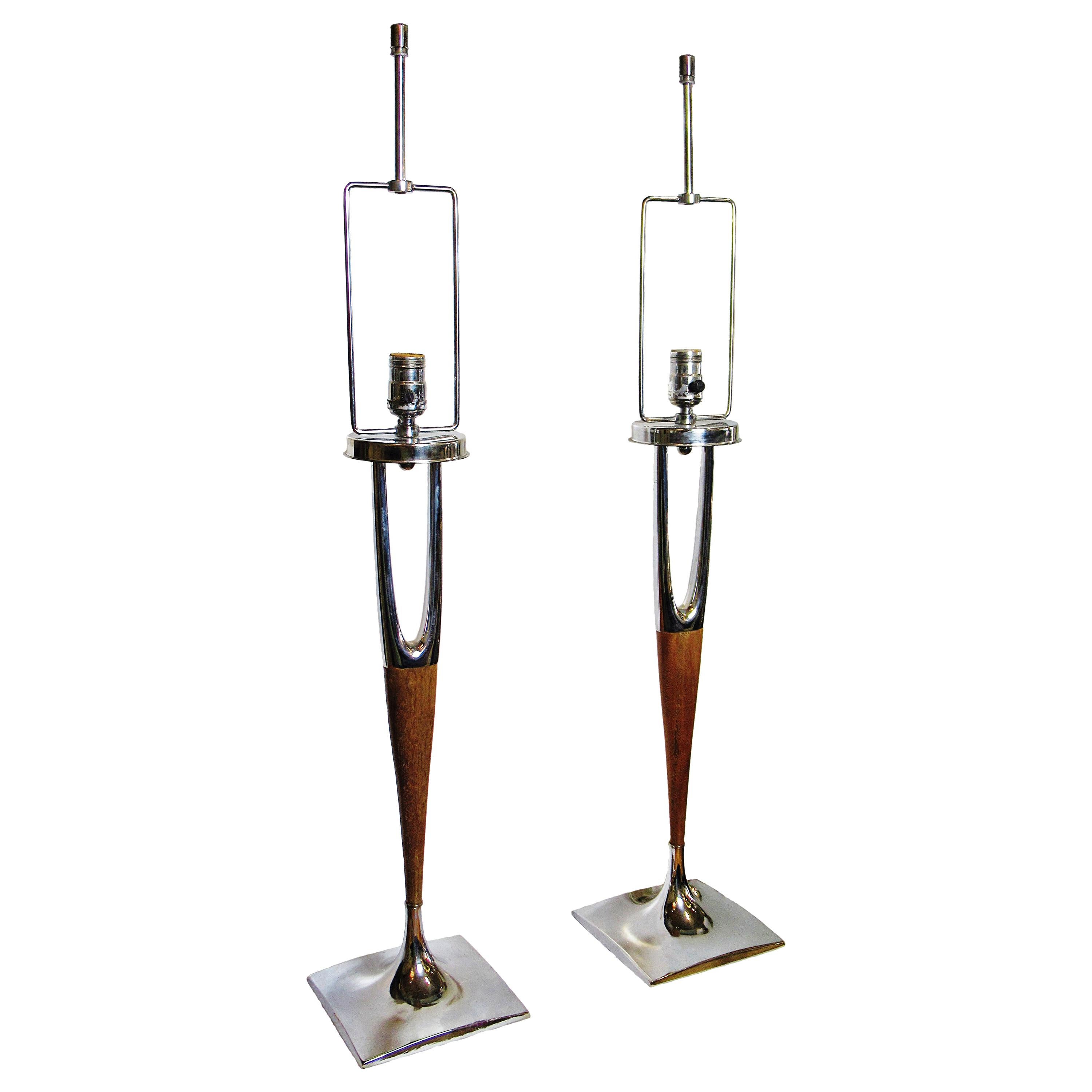 Pair of American Modern Mahogany and Polished Nickel Table Lamps, Laurel Lamp Co