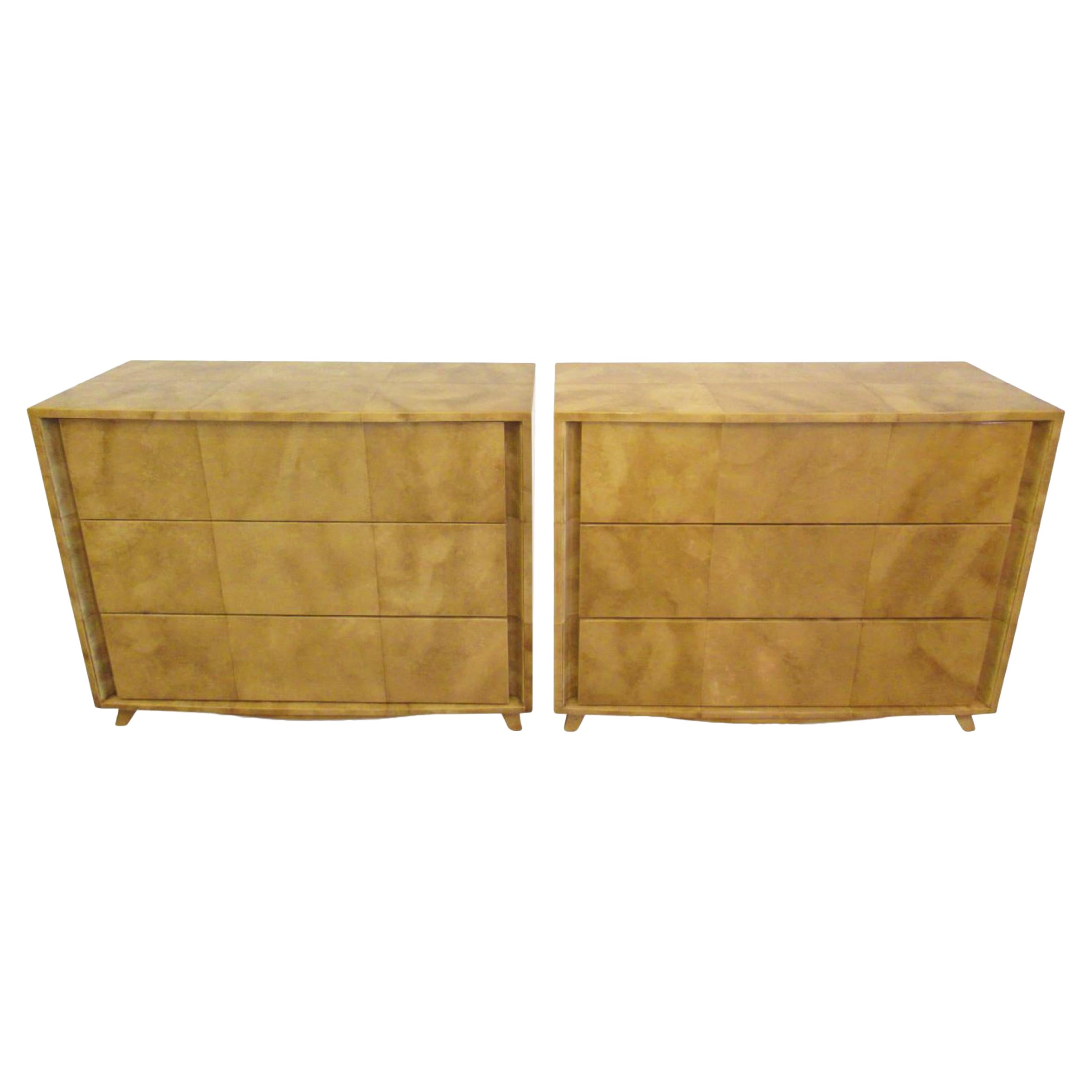 Pair of American Modern Parchment Three-Drawer Chests, Gilbert Rohde