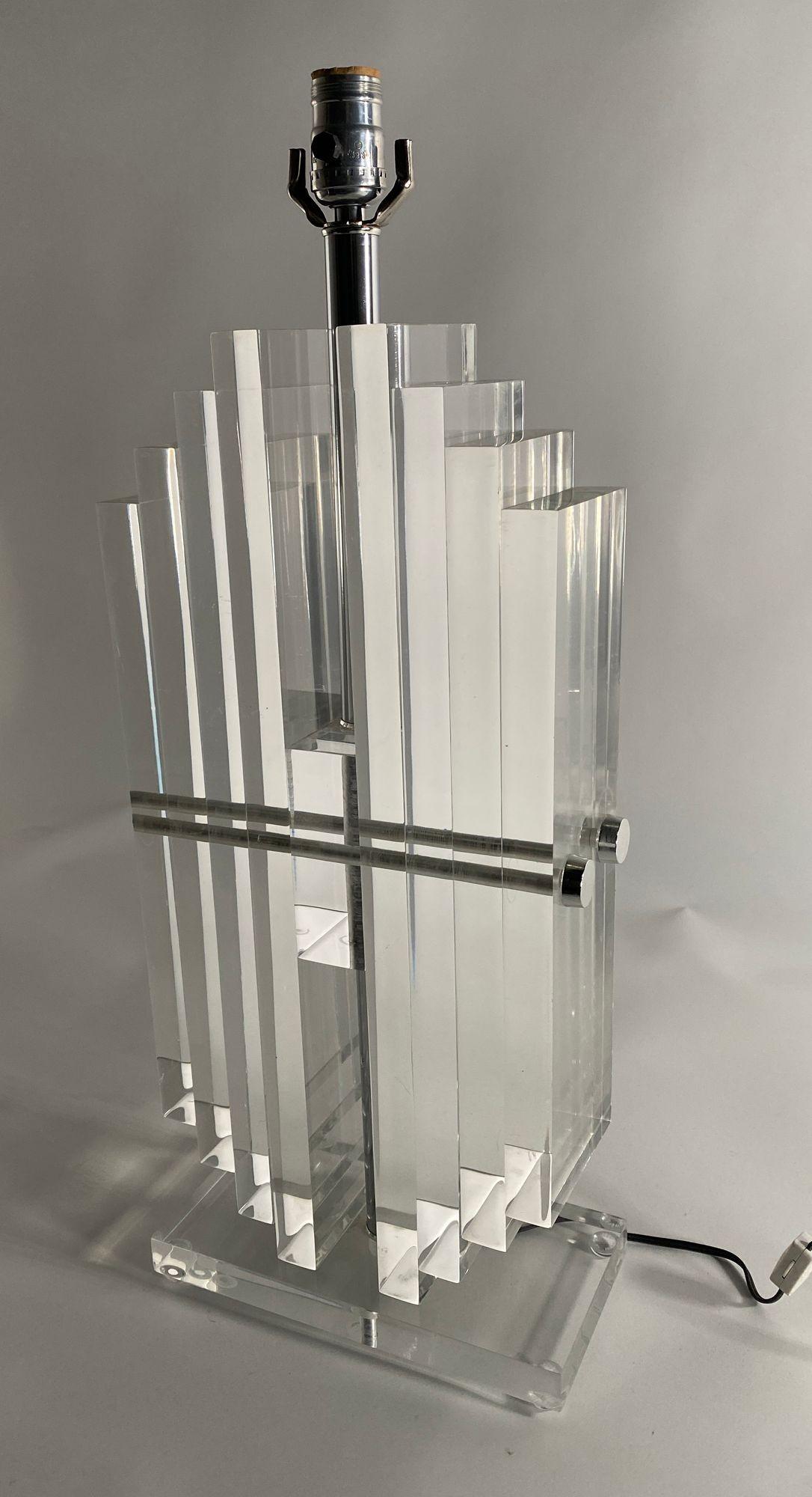 Pair of American Modern Stacked Lucite Lamps, Karl Springer, For Sale 4