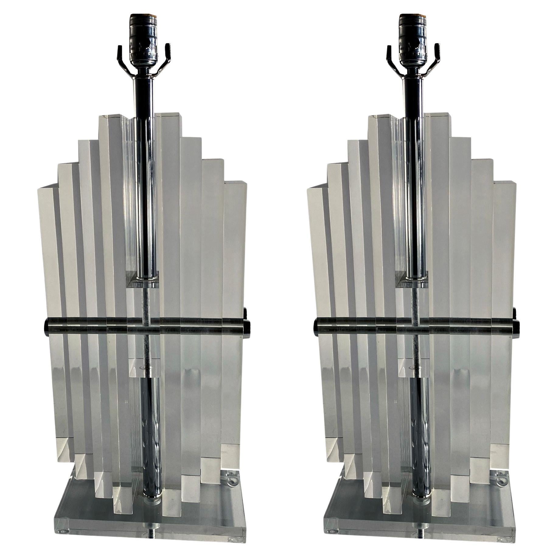 Pair of American Modern Stacked Lucite Lamps, Karl Springer, For Sale