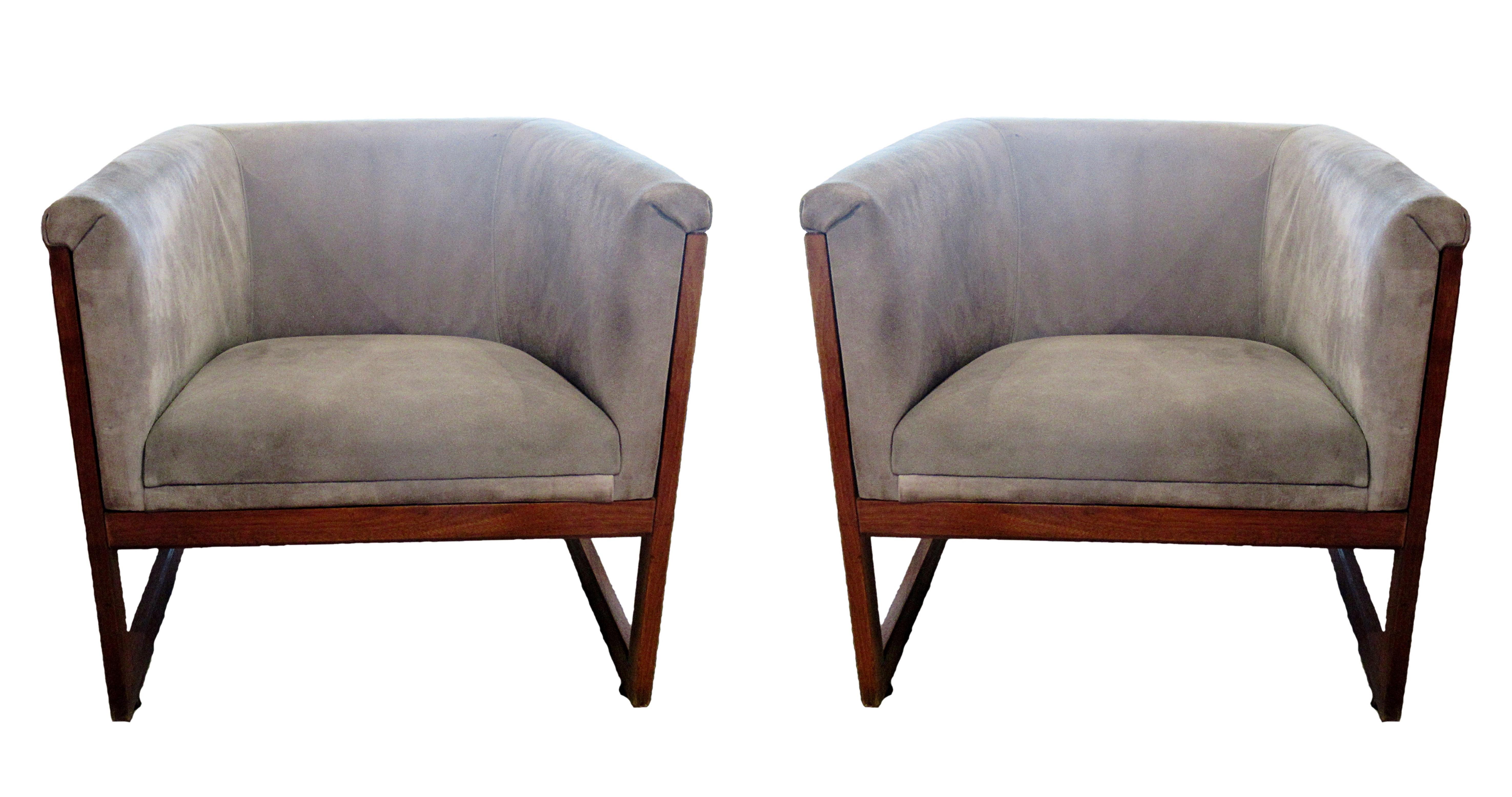 Mid-Century Modern Pair of American Modern Walnut and Upholstered Armchairs