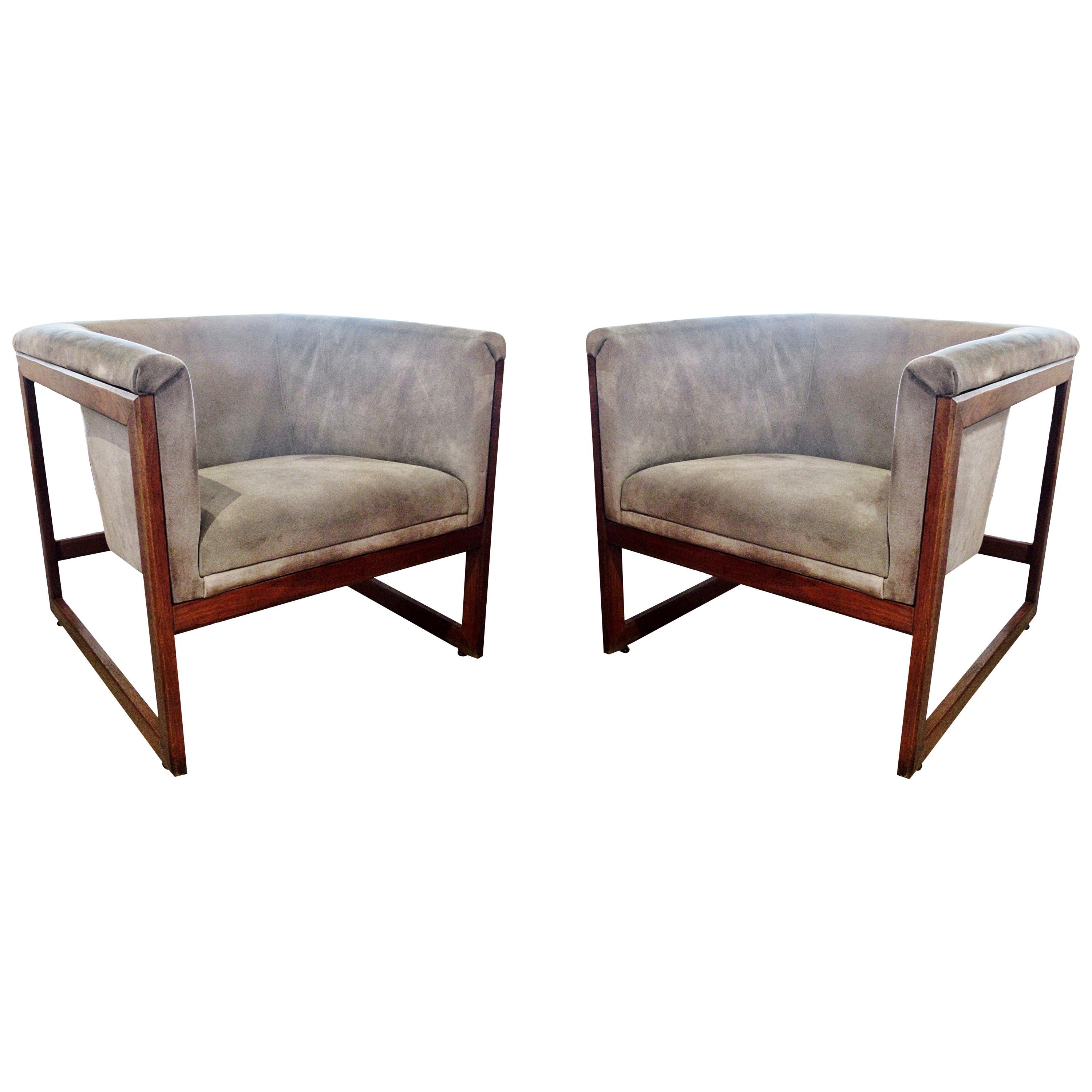 Pair of American Modern Walnut and Upholstered Armchairs