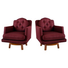 Pair of American Modern Walnut and Upholstered Swivel Chairs, Ed Wormley