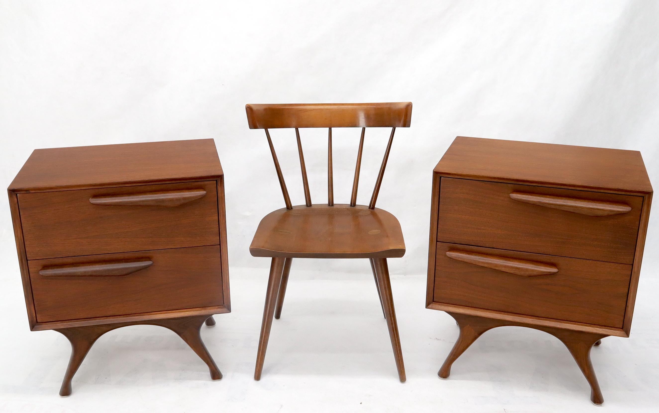 Pair of refinished American walnut Mid-Century Modern sculptured legs and pulls nightstands end tables cabinets. Vladimir Kagan decor match inspiration.