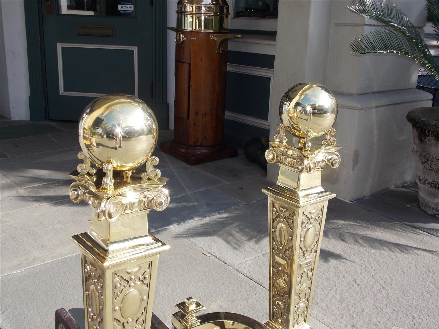 American Empire Pair of American Monumental Brass Ball Finial Ionic Capital Andirons, Circa 1830 For Sale