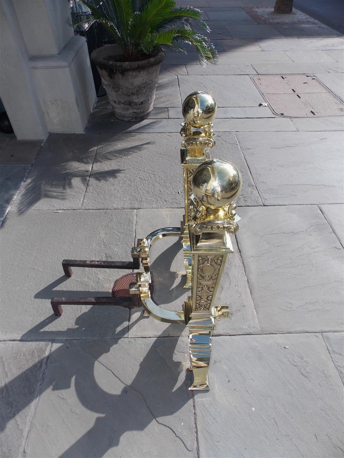Pair of American Monumental Brass Ball Finial Ionic Capital Andirons, Circa 1830 For Sale 2