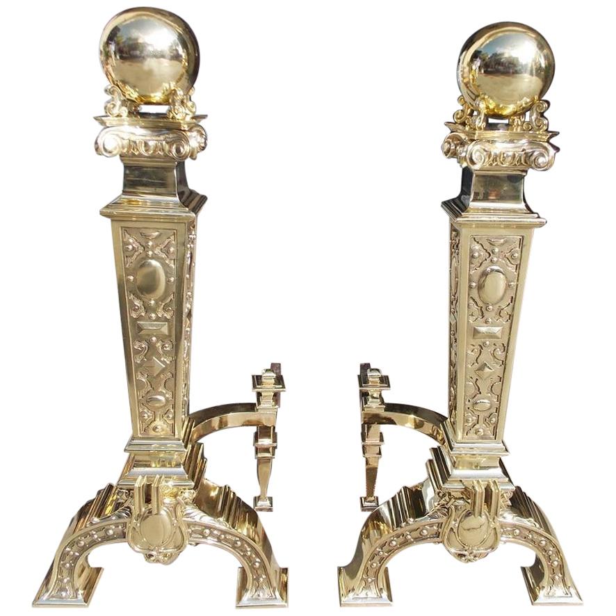 Pair of American Monumental Brass Ball Finial Ionic Capital Andirons, Circa 1830 For Sale