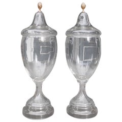 Pair of American Monumental Gilt Mount Hand Blown Apothecary Urns, Circa 1850
