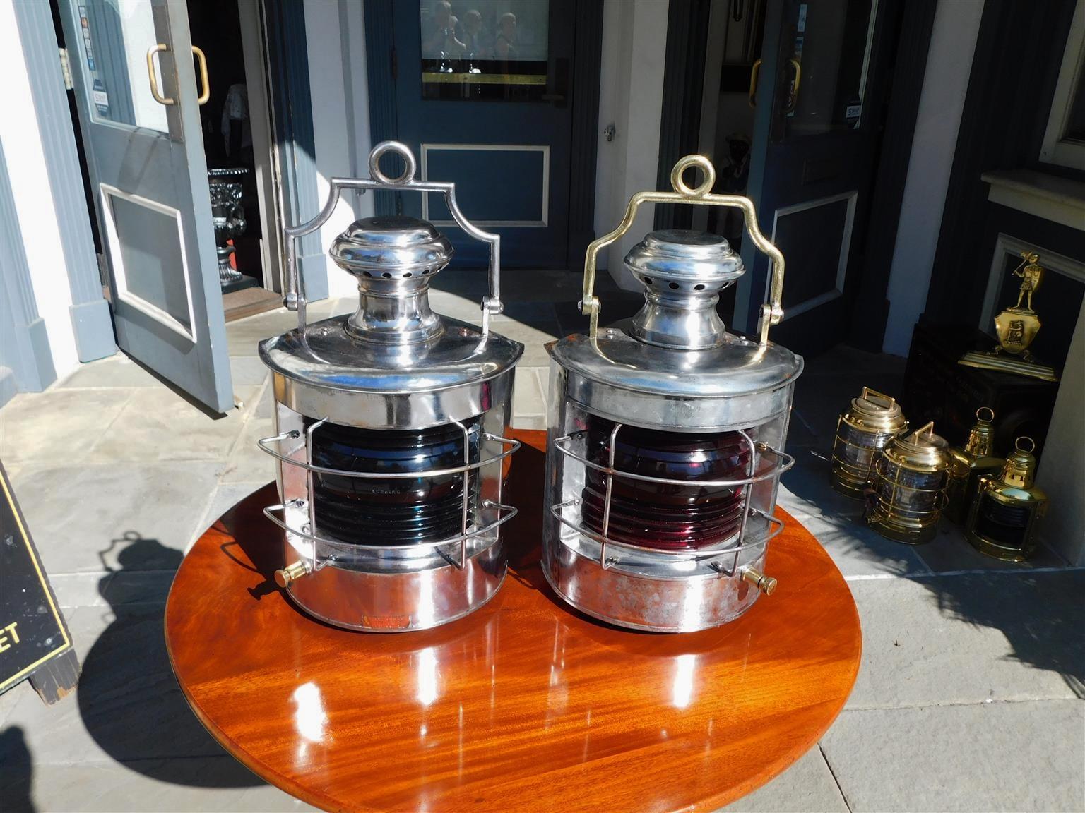 American Empire Pair of American Nautical Polished Steel and Brass Ship Lanterns, NY C. 1880  For Sale
