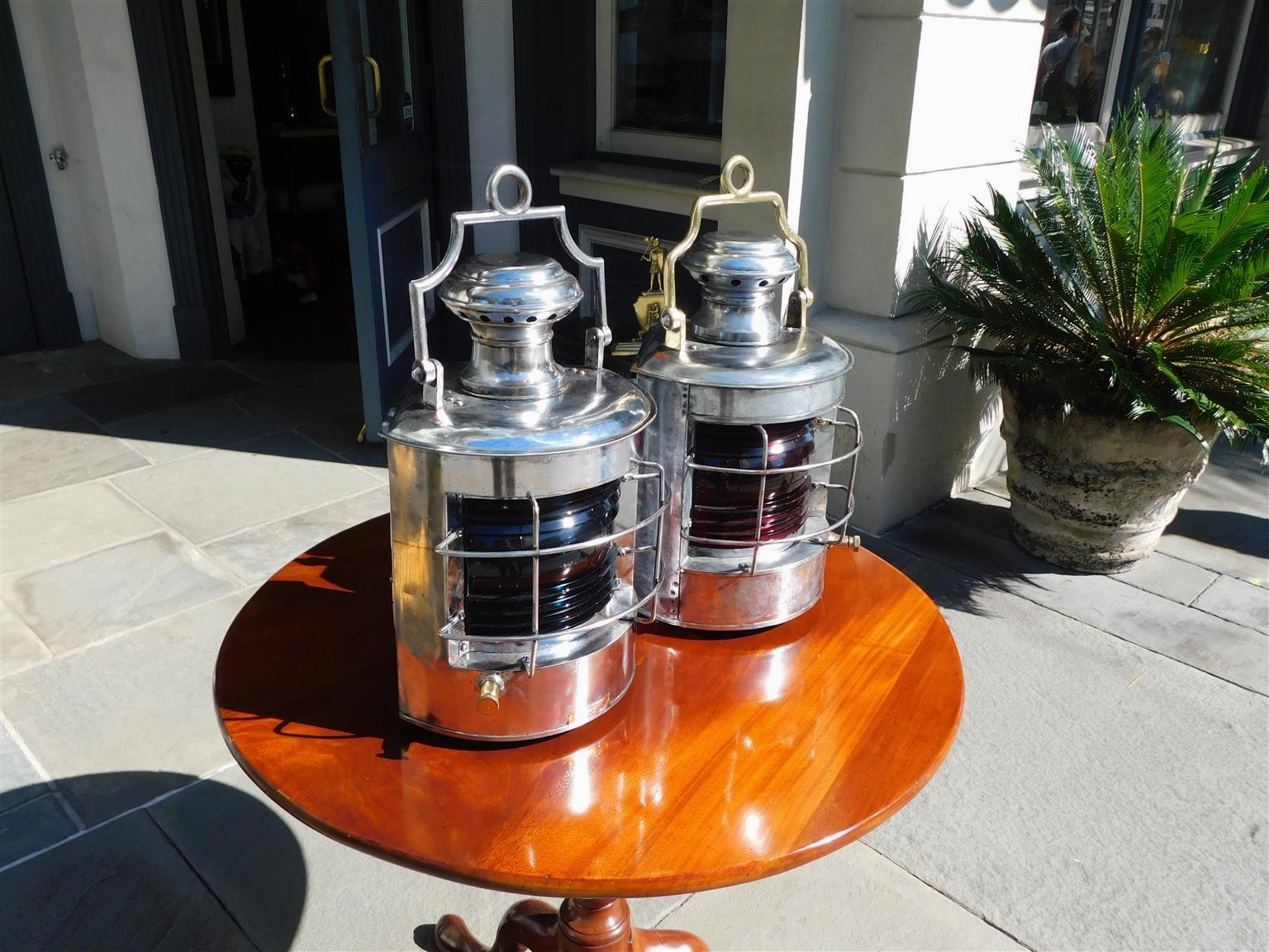 Cast Pair of American Nautical Polished Steel and Brass Ship Lanterns, NY C. 1880  For Sale