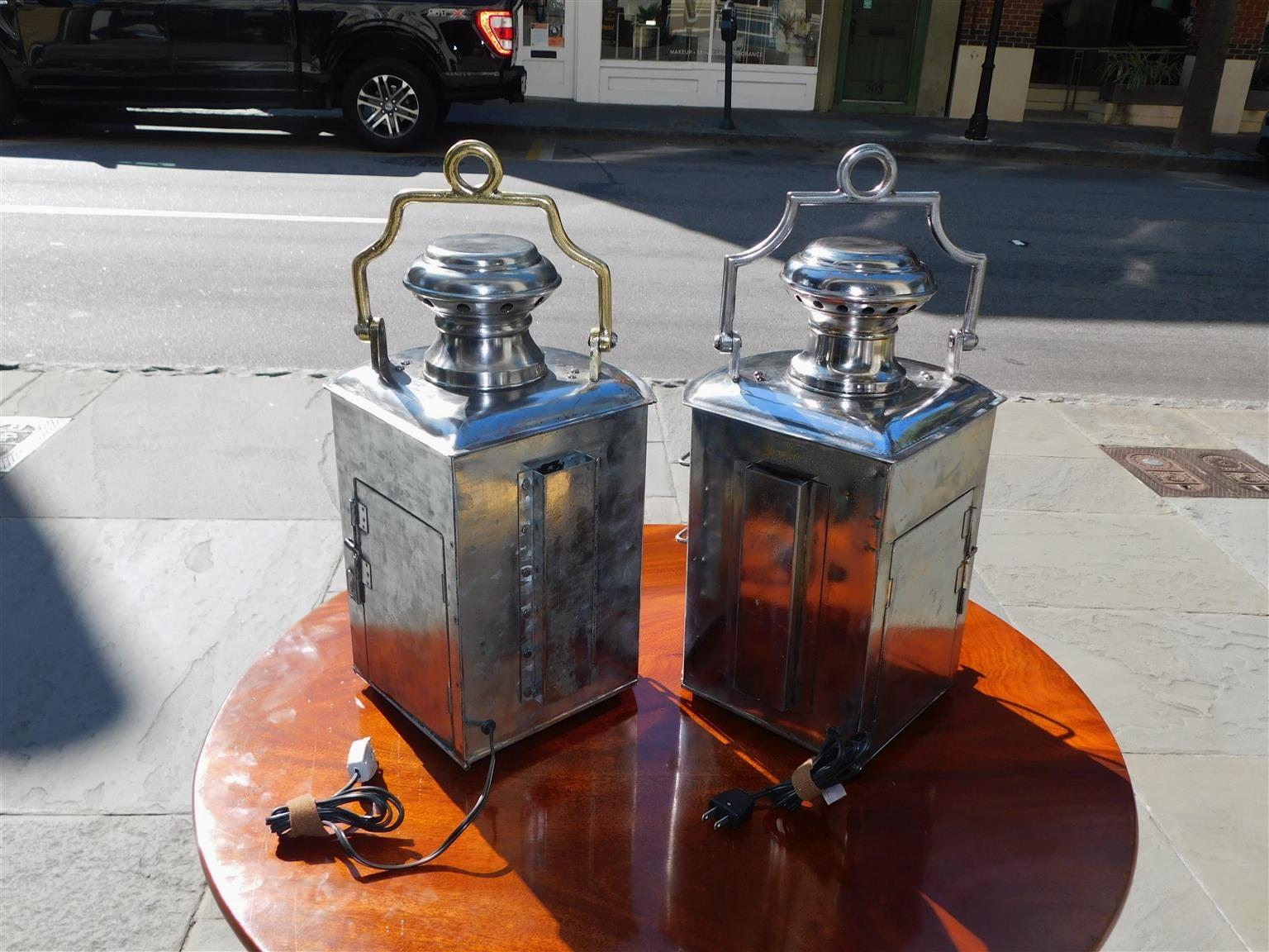 Pair of American Nautical Polished Steel and Brass Ship Lanterns, NY C. 1880  In Excellent Condition For Sale In Hollywood, SC