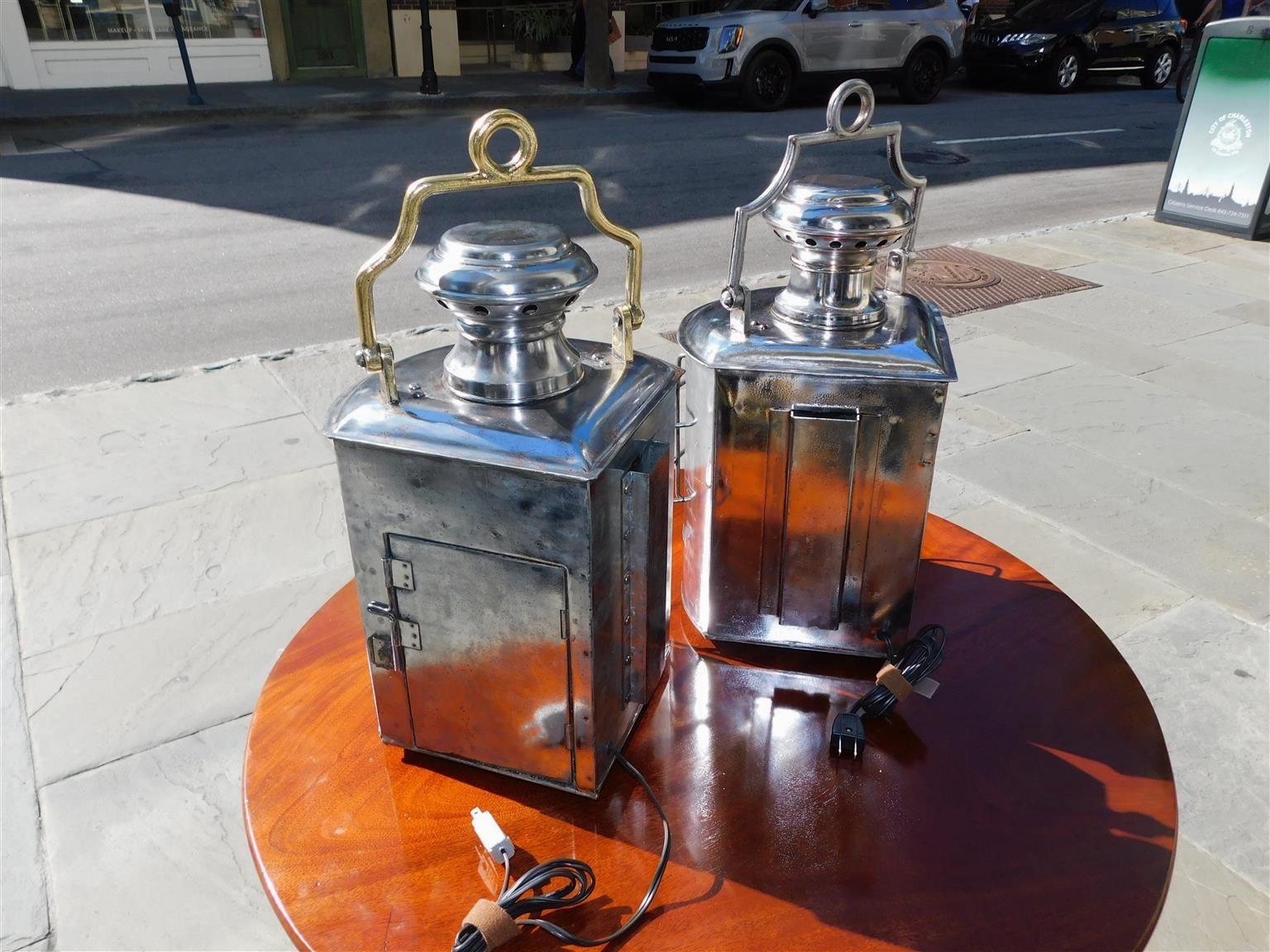 Late 19th Century Pair of American Nautical Polished Steel and Brass Ship Lanterns, NY C. 1880  For Sale
