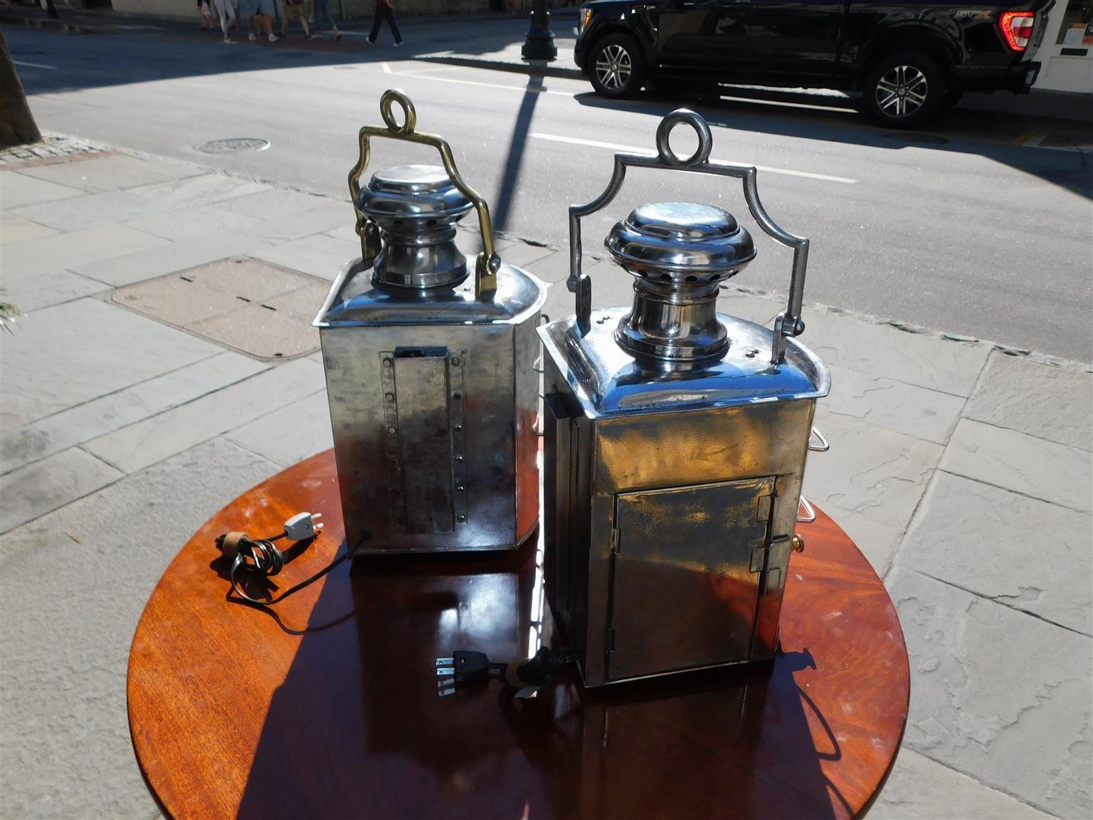 Pair of American Nautical Polished Steel and Brass Ship Lanterns, NY C. 1880  For Sale 1
