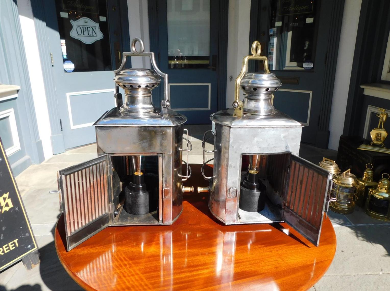 Pair of American Nautical Polished Steel and Brass Ship Lanterns, NY C. 1880  For Sale 2