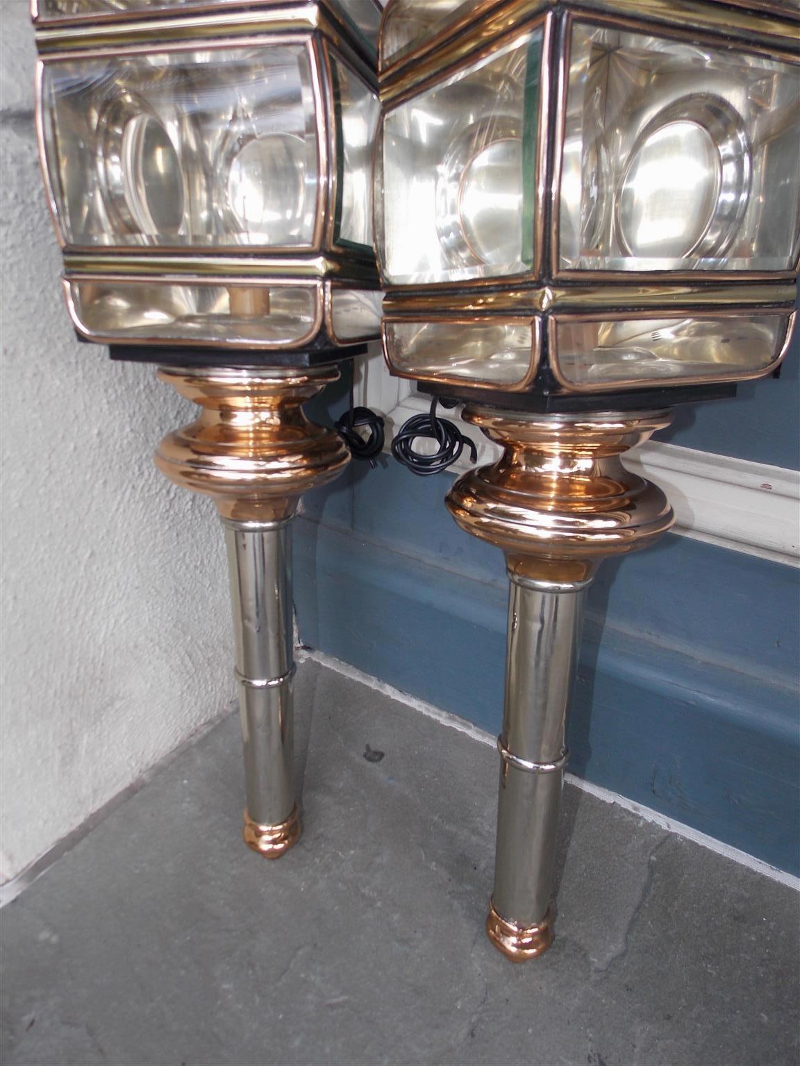 Pair of American Nickel Silver, Brass, and Copper Coach Lanterns, CT, Circa 1860 In Excellent Condition In Hollywood, SC