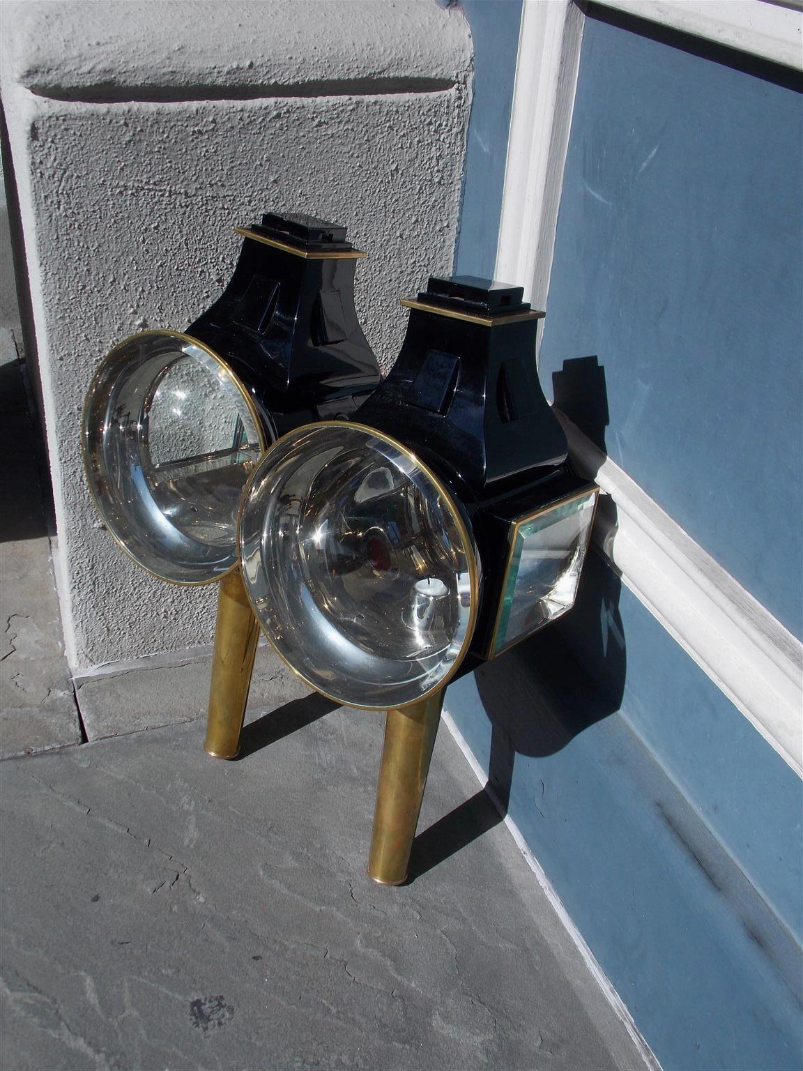 American Empire Pair of American Nickel Silver & Brass Coach Lanterns with Beveled Glass, C 1840 For Sale