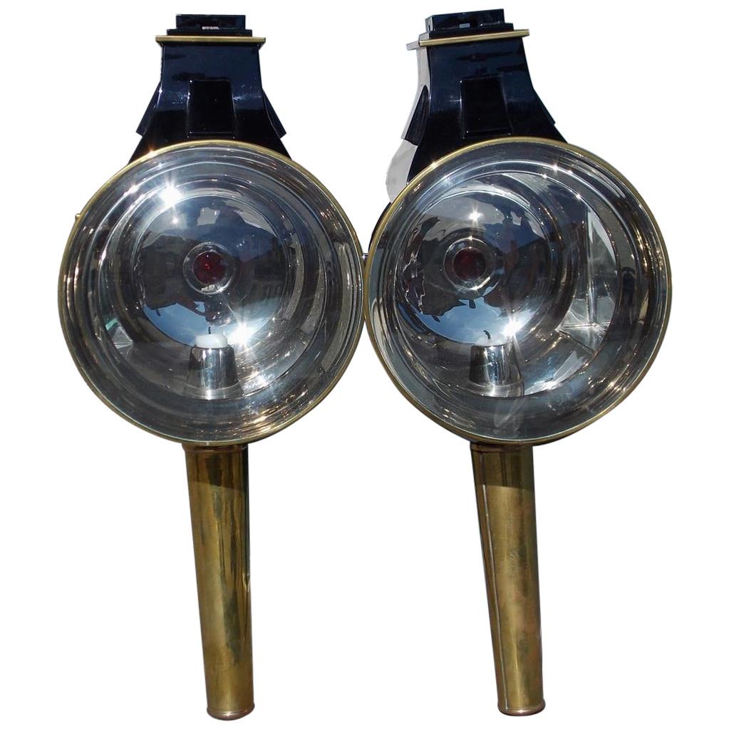 Pair of American Nickel Silver & Brass Coach Lanterns with Beveled Glass, C 1840 For Sale