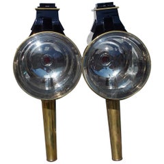 Pair of American Nickel Silver & Brass Coach Lanterns with Beveled Glass, C 1840