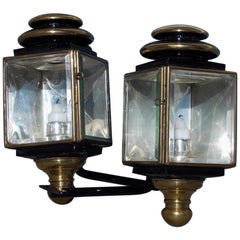 Antique Pair of American Nickel Silver & Brass Coach Lanterns with Beveled Glass, C 1850