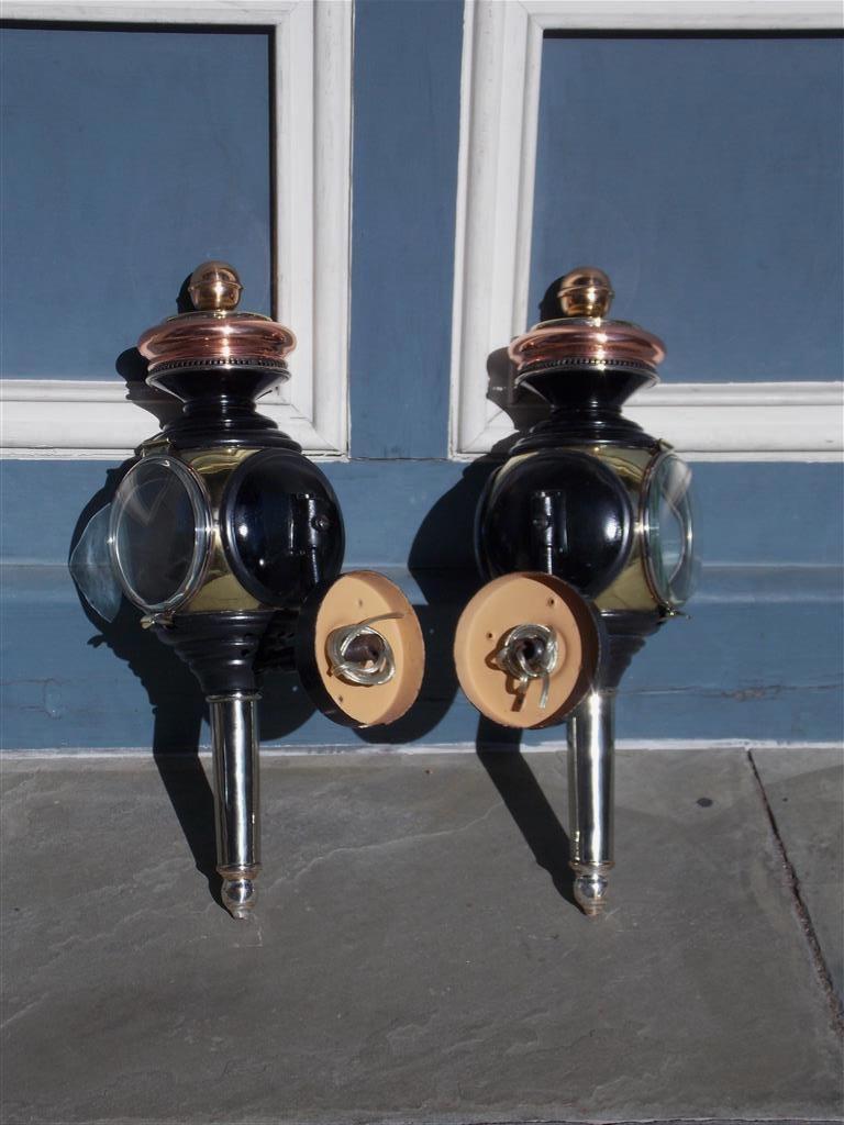Pair of American Nickel Silver & Brass Coach Lanterns with Circular Glass C 1830 For Sale 2