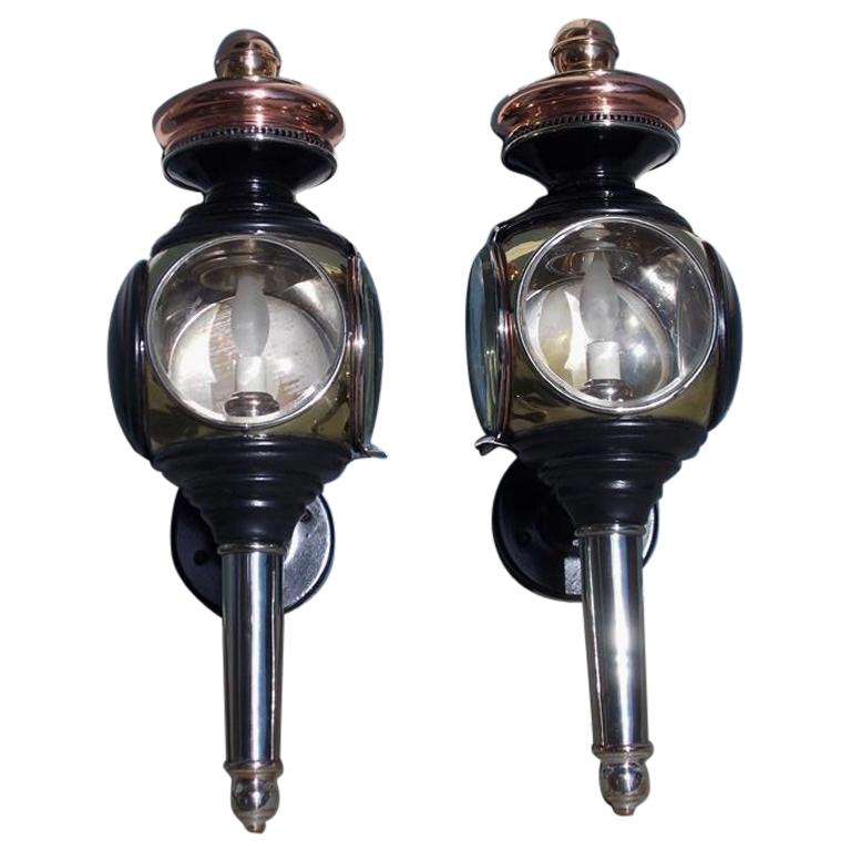 Pair of American Nickel Silver & Brass Coach Lanterns with Circular Glass C 1830 For Sale