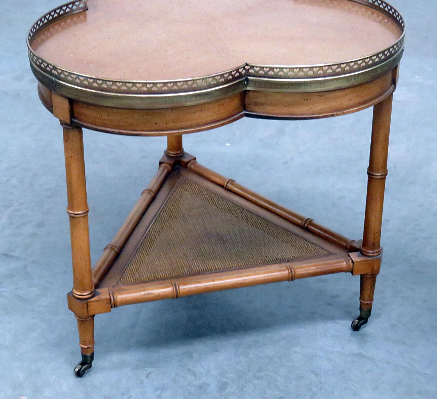 Regency Pair of French Louis XVI Style Walnut Faux Bamboo Side Tables With Brass Gallery