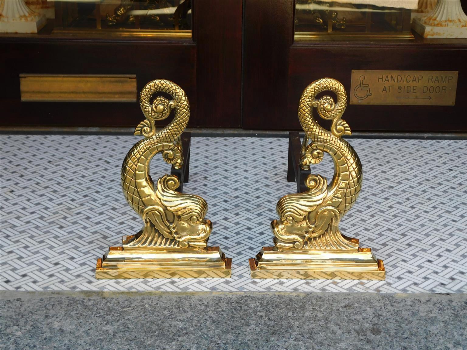 Pair of American polished brass dolphin andirons with rectangular step back molded plinths, matching dolphin log stops, and retain the original rear iron support legs, Late 19th Century