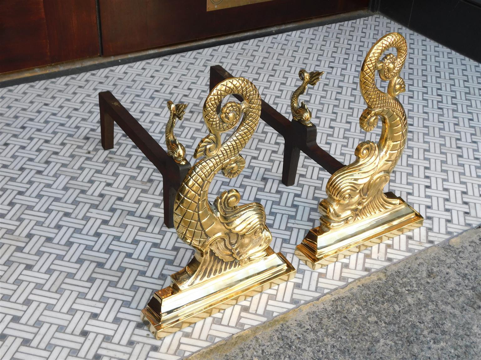 American Empire Pair of American Polished Brass Dolphin Andirons with Matching Log Stops, C 1880 For Sale