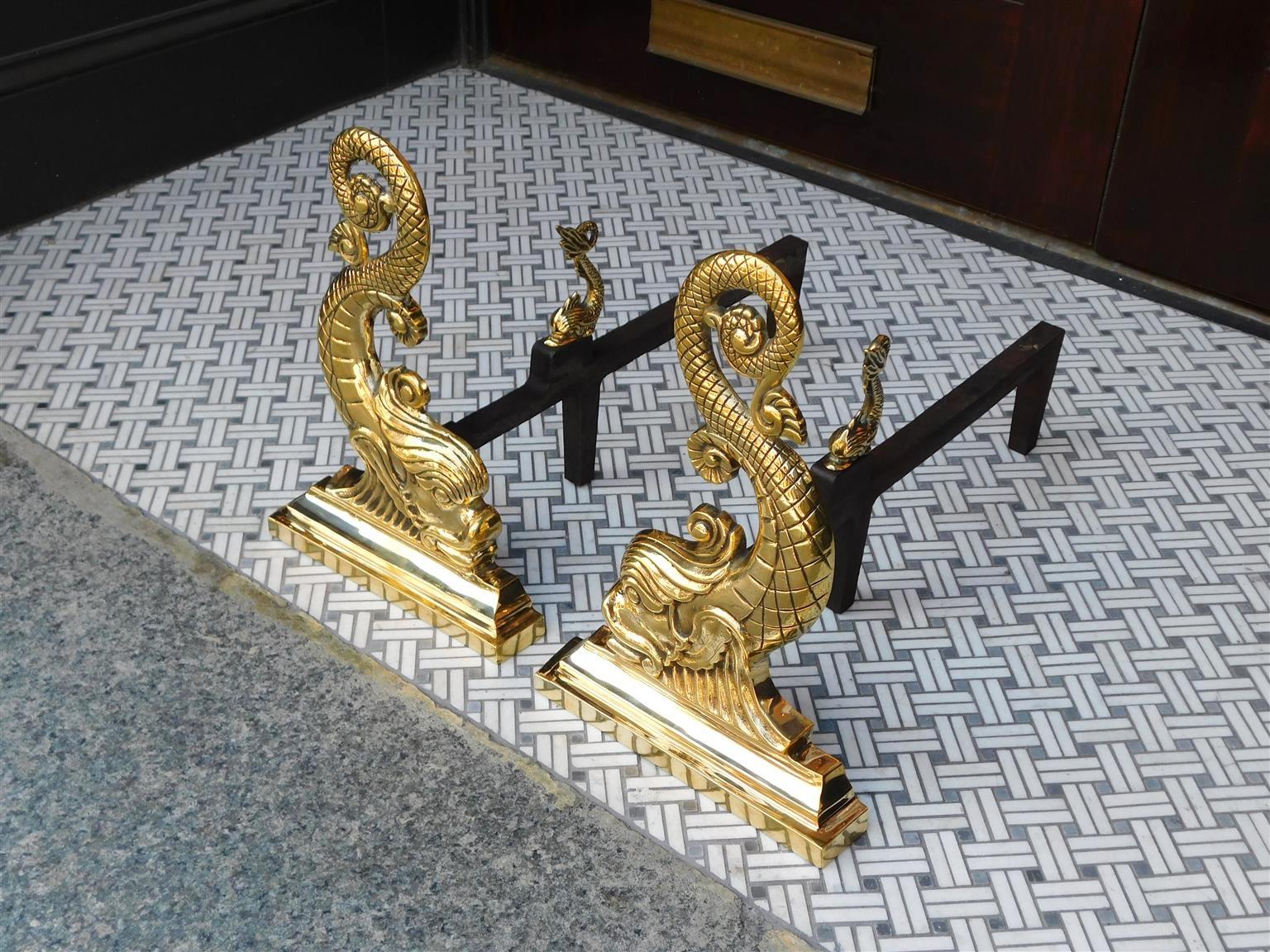 Cast Pair of American Polished Brass Dolphin Andirons with Matching Log Stops, C 1880 For Sale