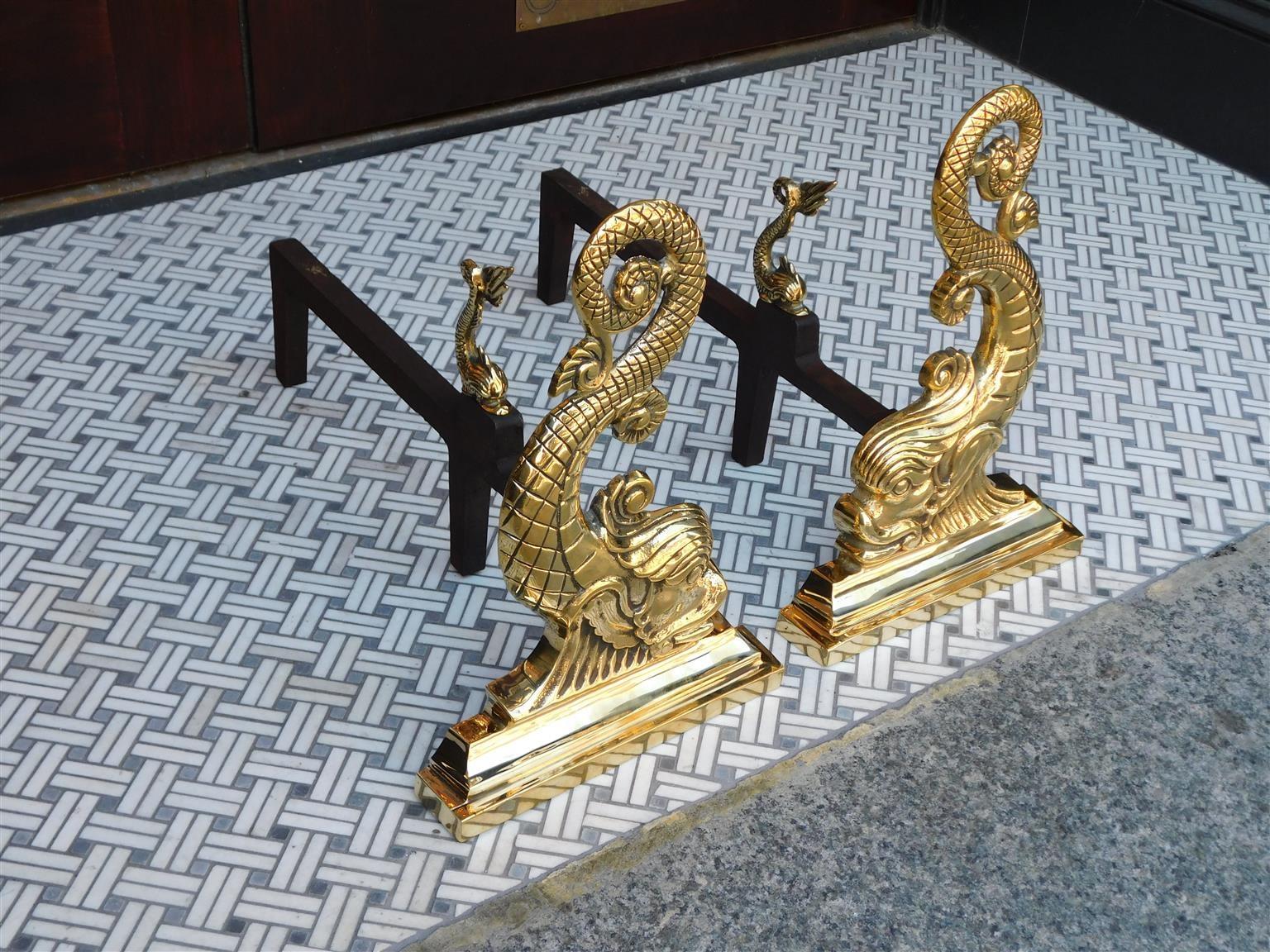 Pair of American Polished Brass Dolphin Andirons with Matching Log Stops, C 1880 In Excellent Condition For Sale In Charleston, SC
