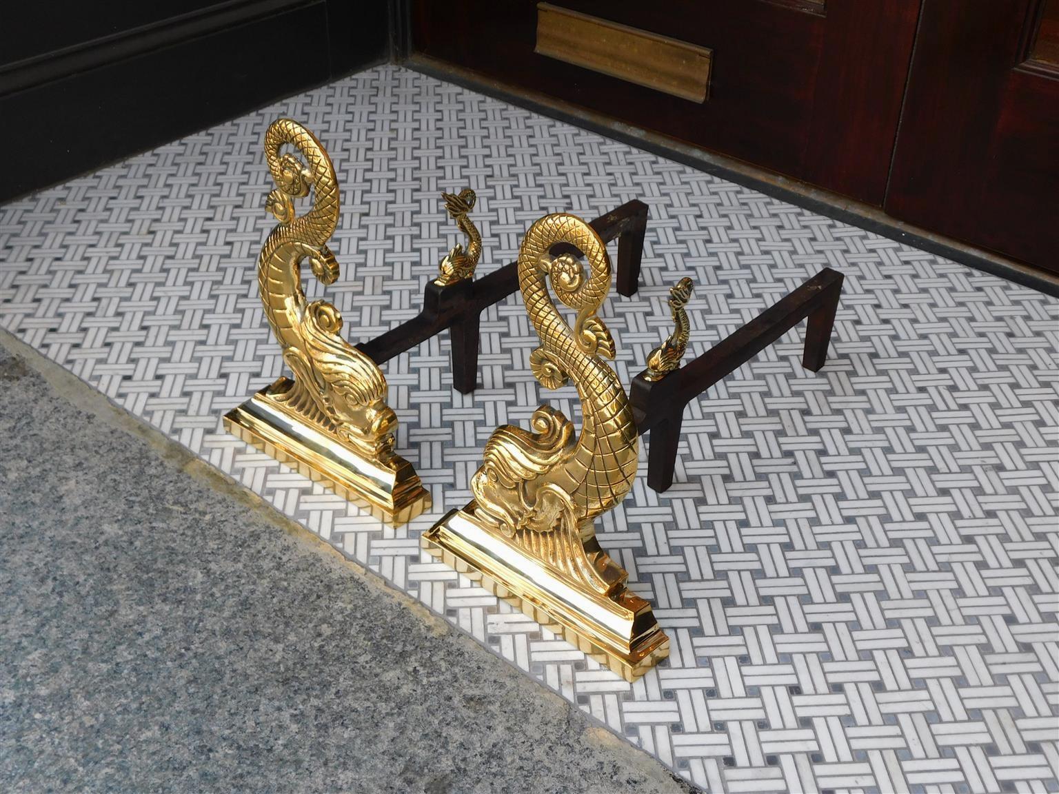 Late 19th Century Pair of American Polished Brass Dolphin Andirons with Matching Log Stops, C 1880 For Sale