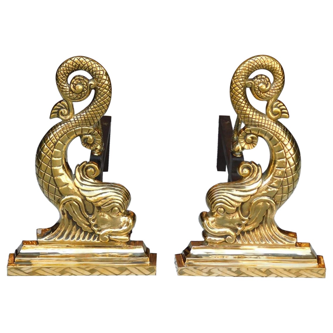 Pair of American Polished Brass Dolphin Andirons with Matching Log Stops, C 1880 For Sale