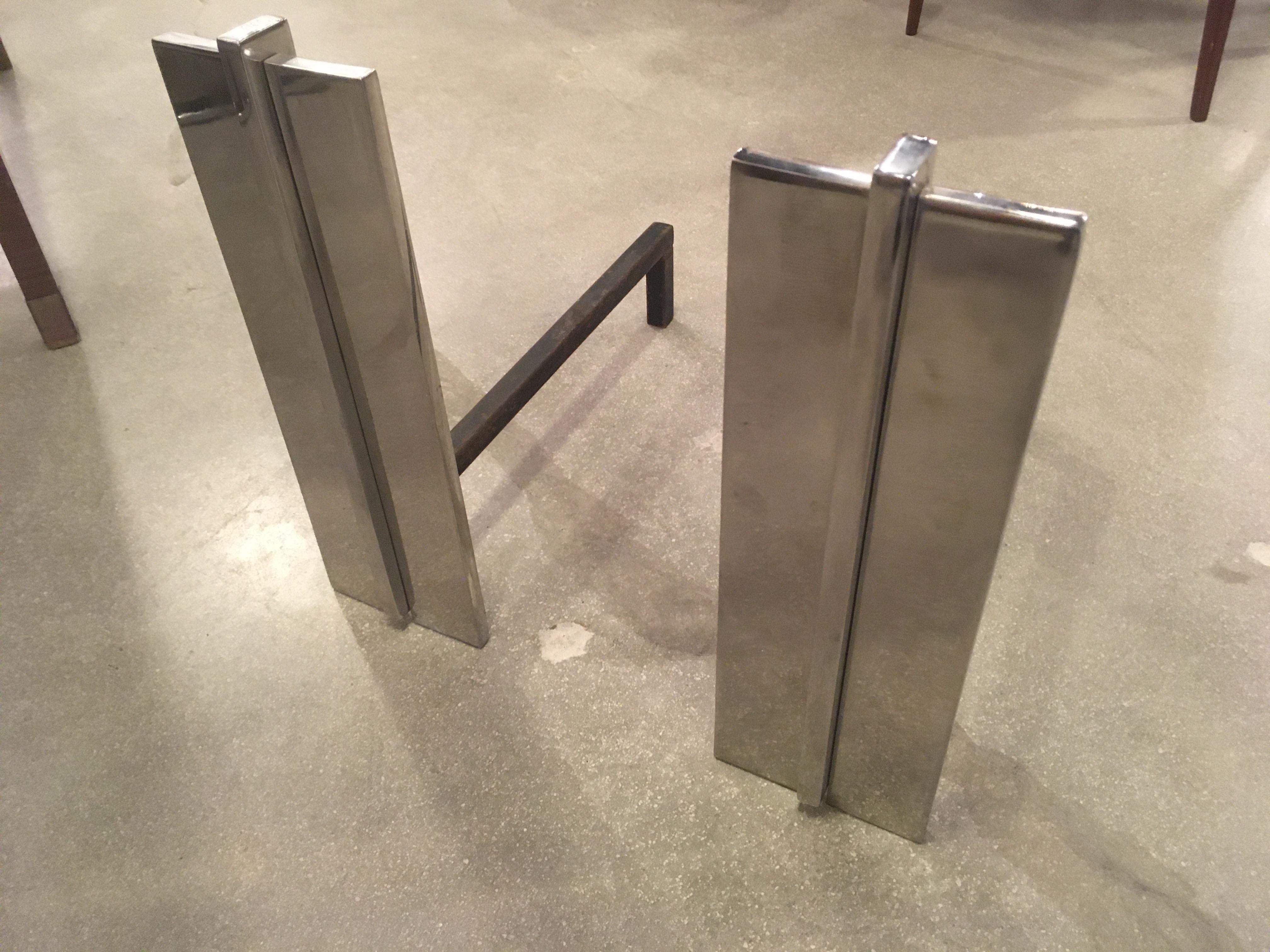 Pair of American Polished Steel Art Deco Andirons, Donald Deskey For Sale 1