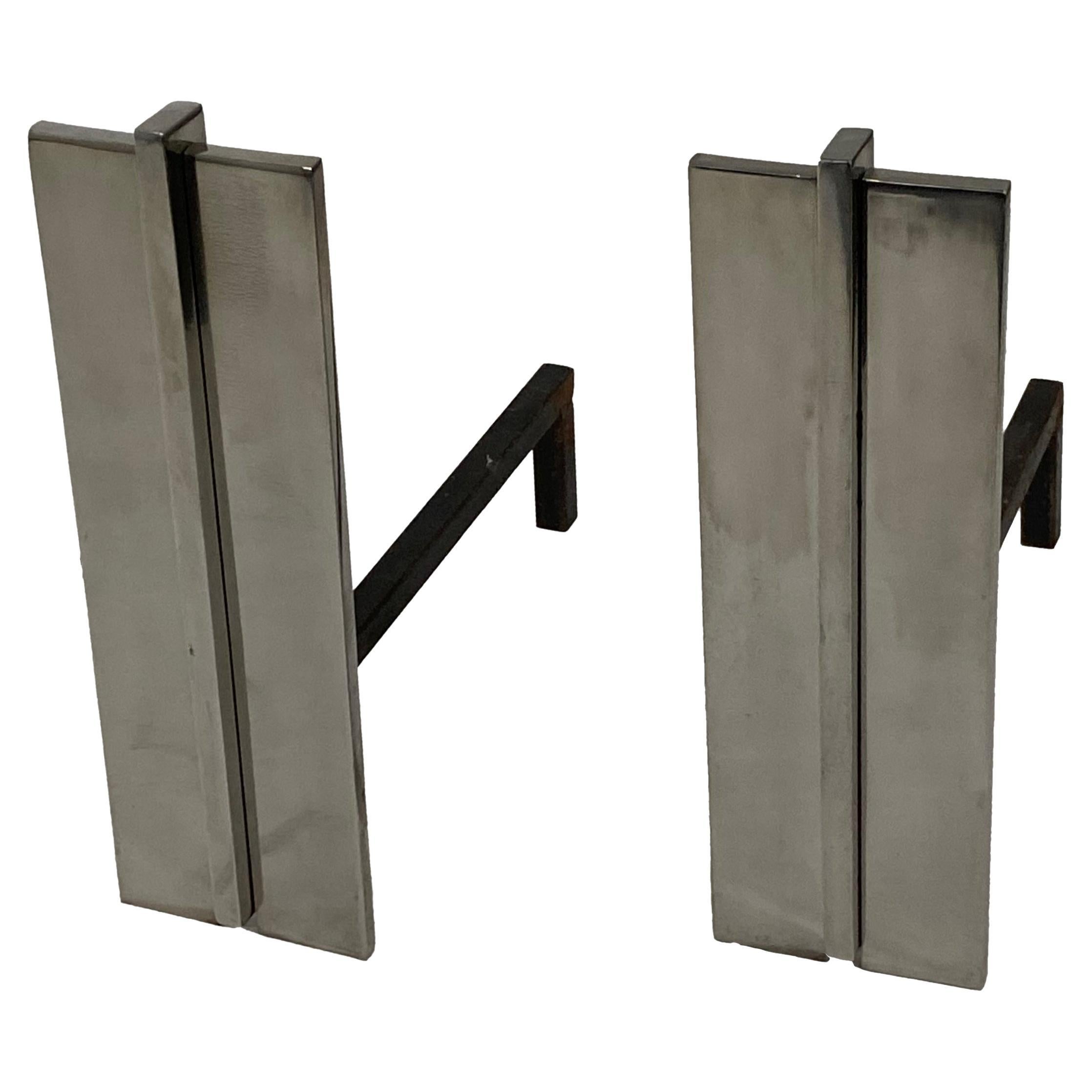 Pair of American Polished Steel Art Deco Andirons, Donald Deskey For Sale