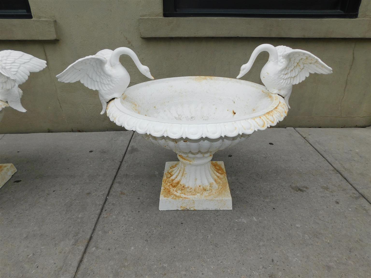 Pair of American Campana Form Powered Coated Garden Urns w/ Flanking Swans, 1850 im Angebot 1