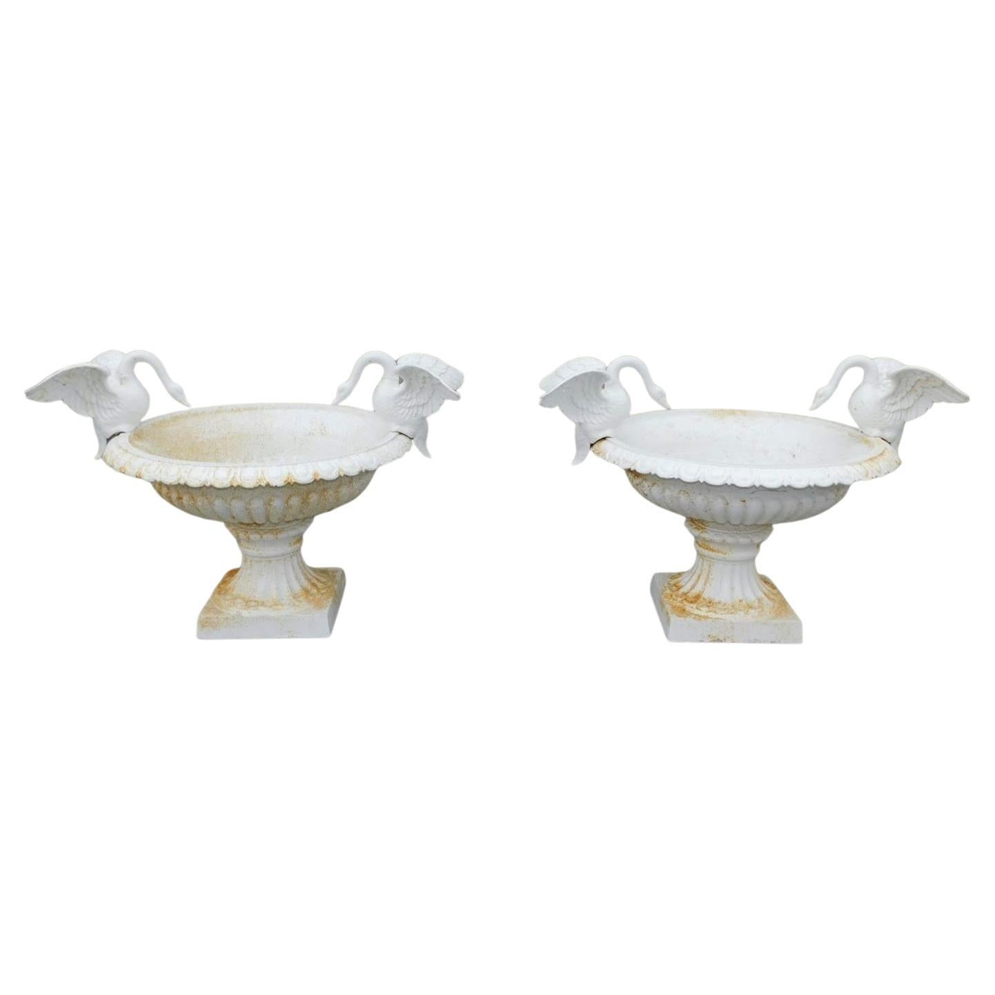 Pair of American Campana Form Powered Coated Garden Urns w/ Flanking Swans, 1850 im Angebot