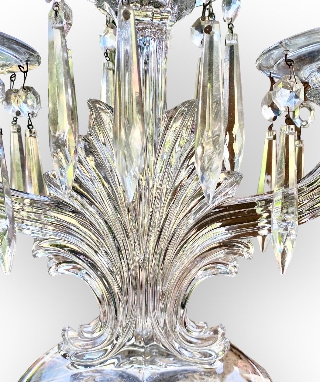 Art Deco Pair of American Pressed Glass Three Light Candelabra, Early 20th C., on Swirled For Sale