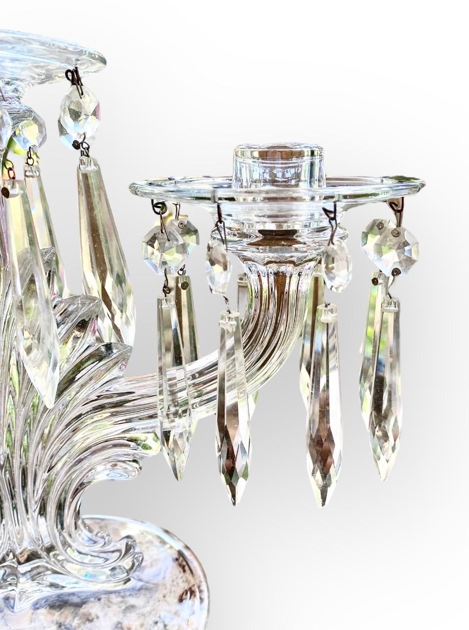 Faceted Pair of American Pressed Glass Three Light Candelabra, Early 20th C., on Swirled For Sale