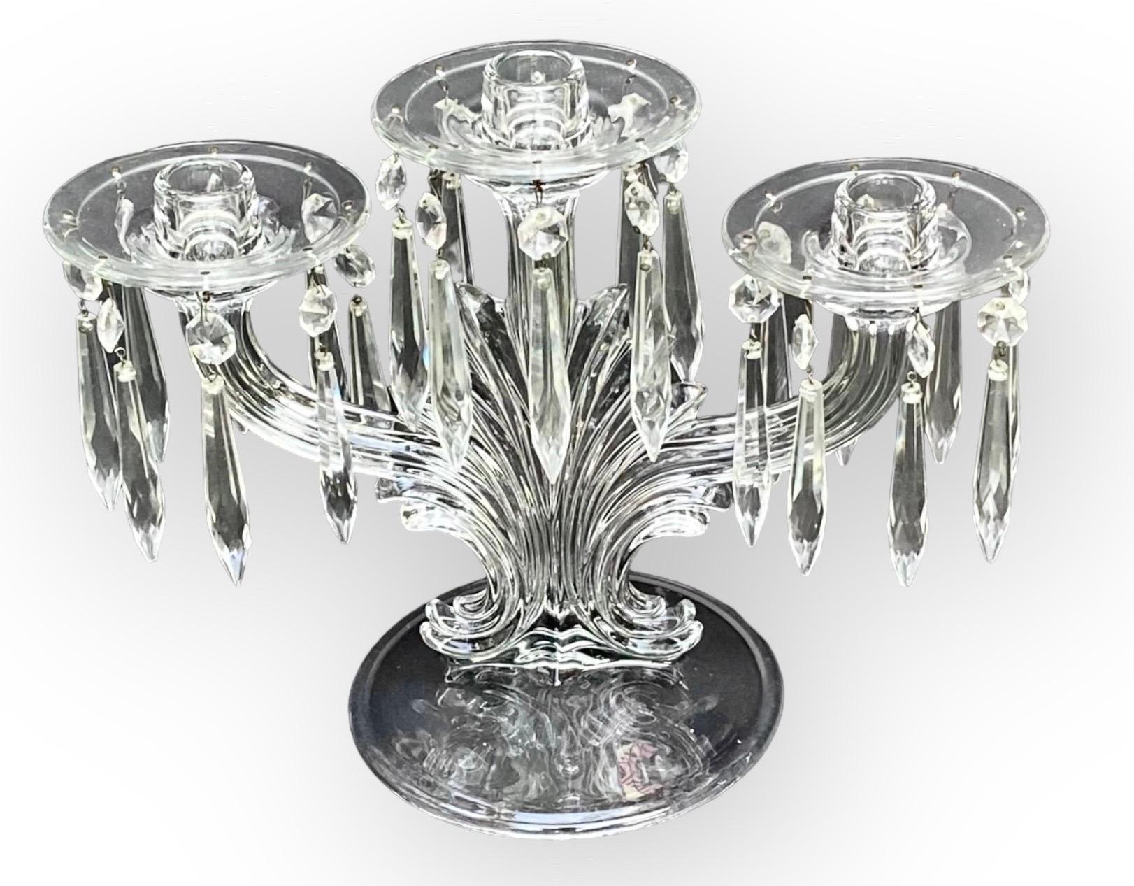 Pair of American Pressed Glass Three Light Candelabra, Early 20th C., on Swirled For Sale 1
