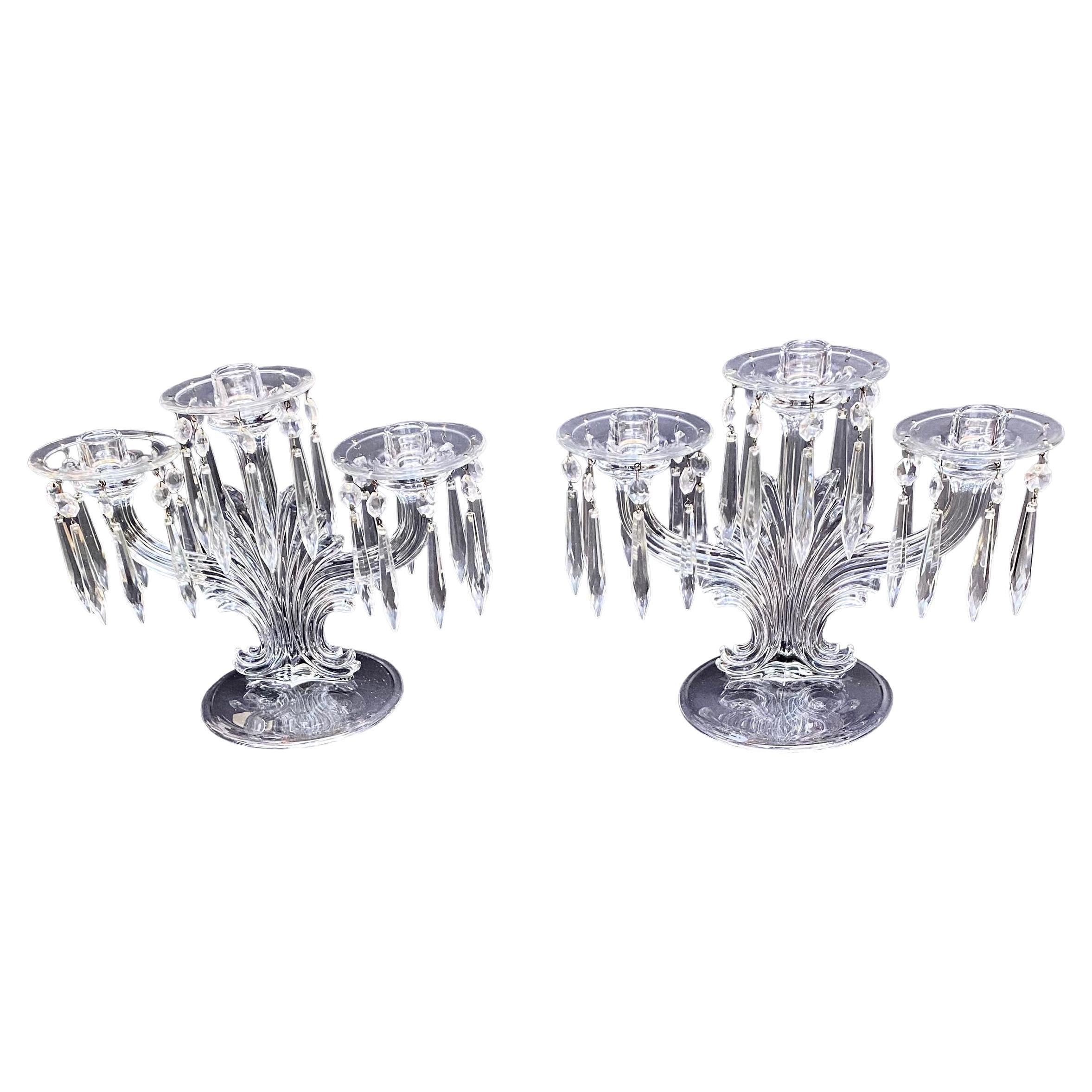Pair of American Pressed Glass Three Light Candelabra, Early 20th C., on Swirled For Sale