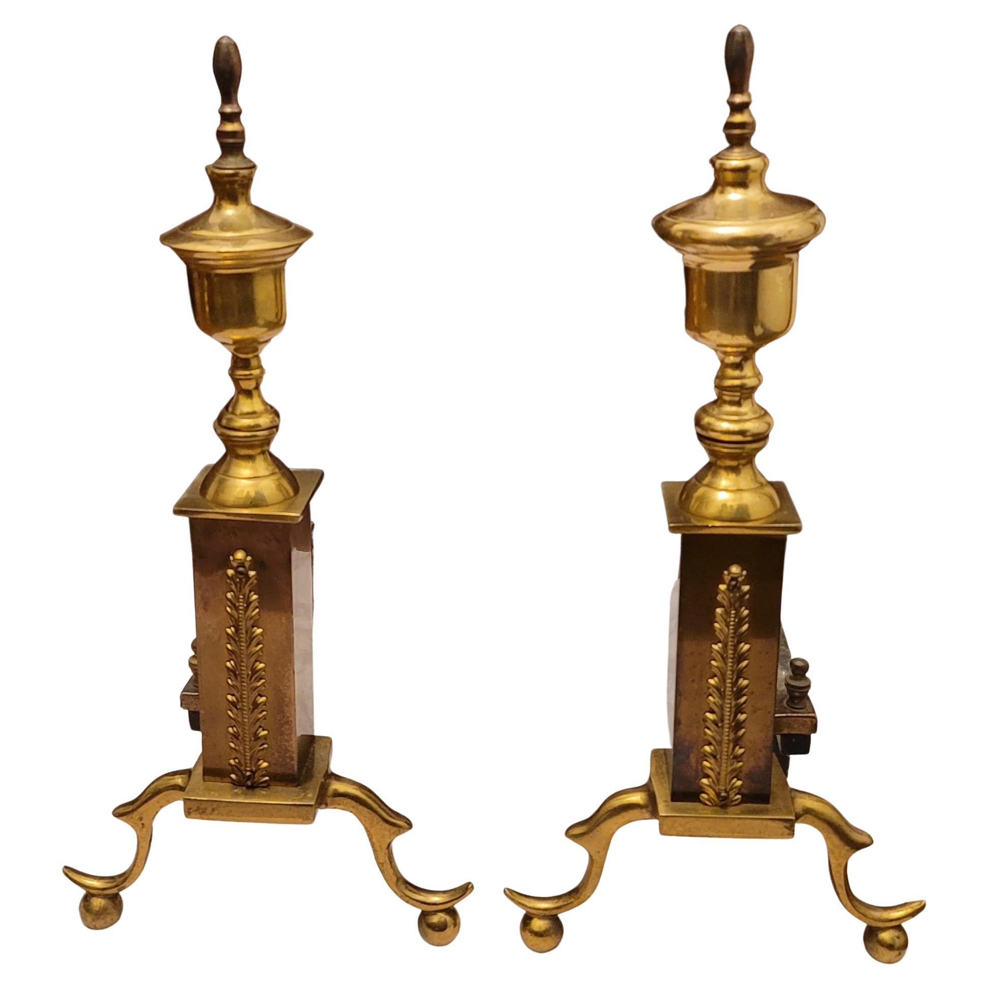 Pair of American Regency Brass And Iron Andirons, Circa 1930s For Sale