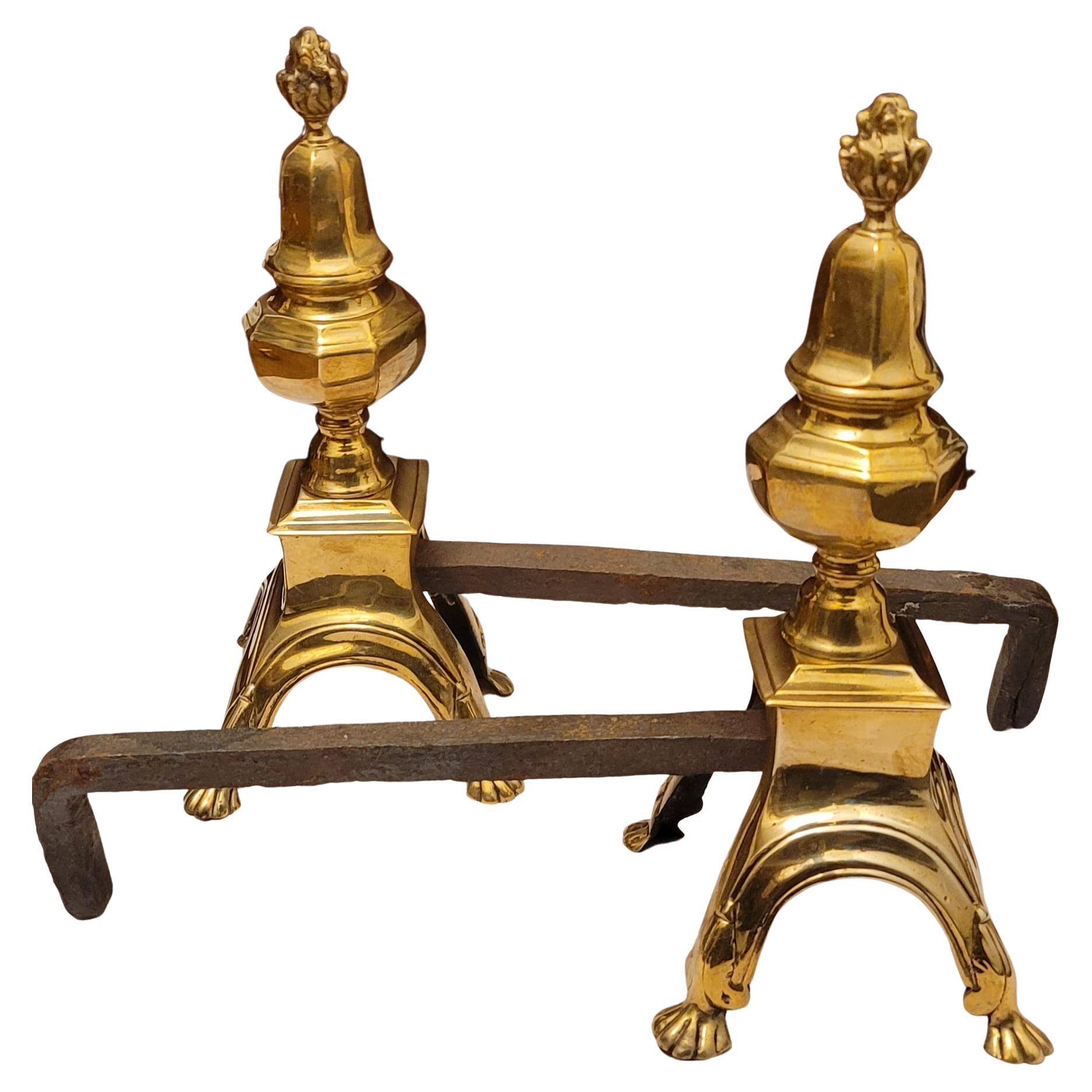 Pair of American Regency Cast Brass And Iron Andirons, Circa 1920s In Good Condition In Germantown, MD