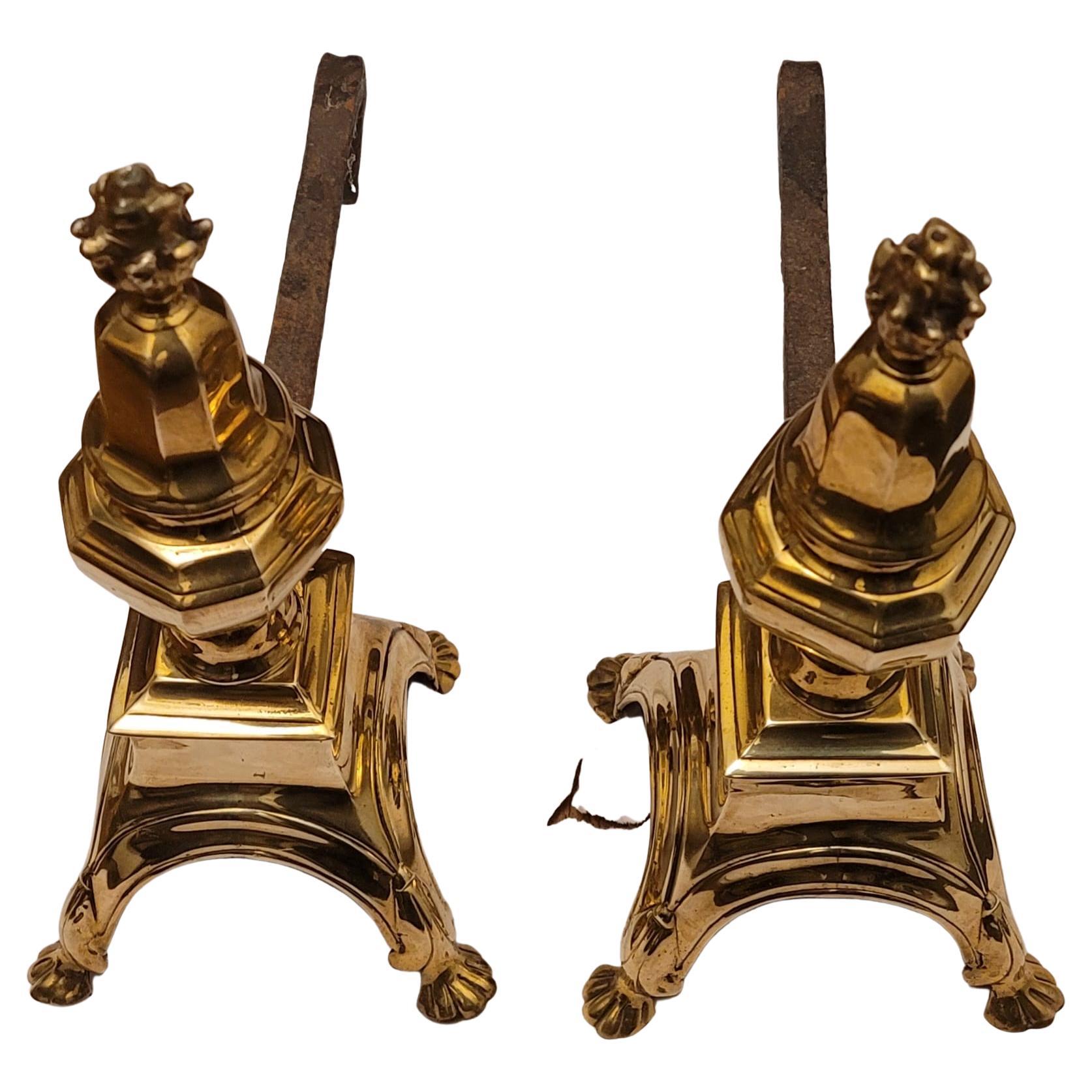 Pair of American Regency Cast Brass And Iron Andirons, Circa 1920s 1