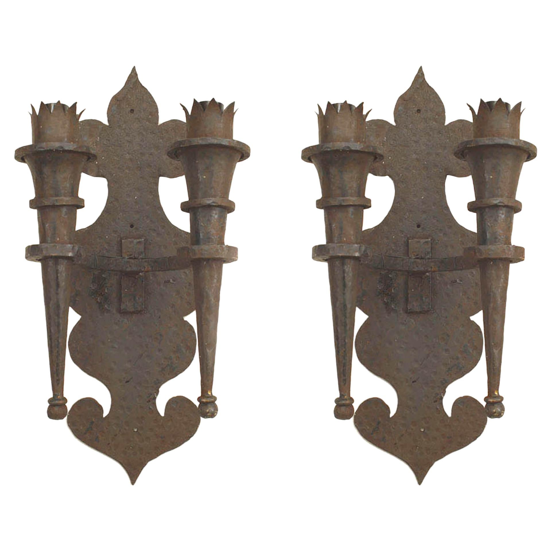 Pair of American Renaissance Revival Iron Torch Wall Sconces