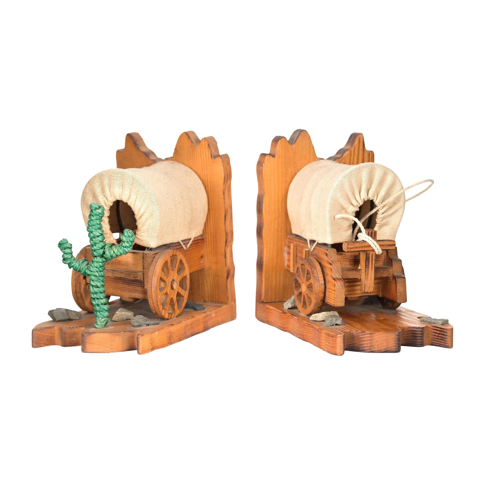 Pair of American Rustic Covered Wagon Bookends For Sale