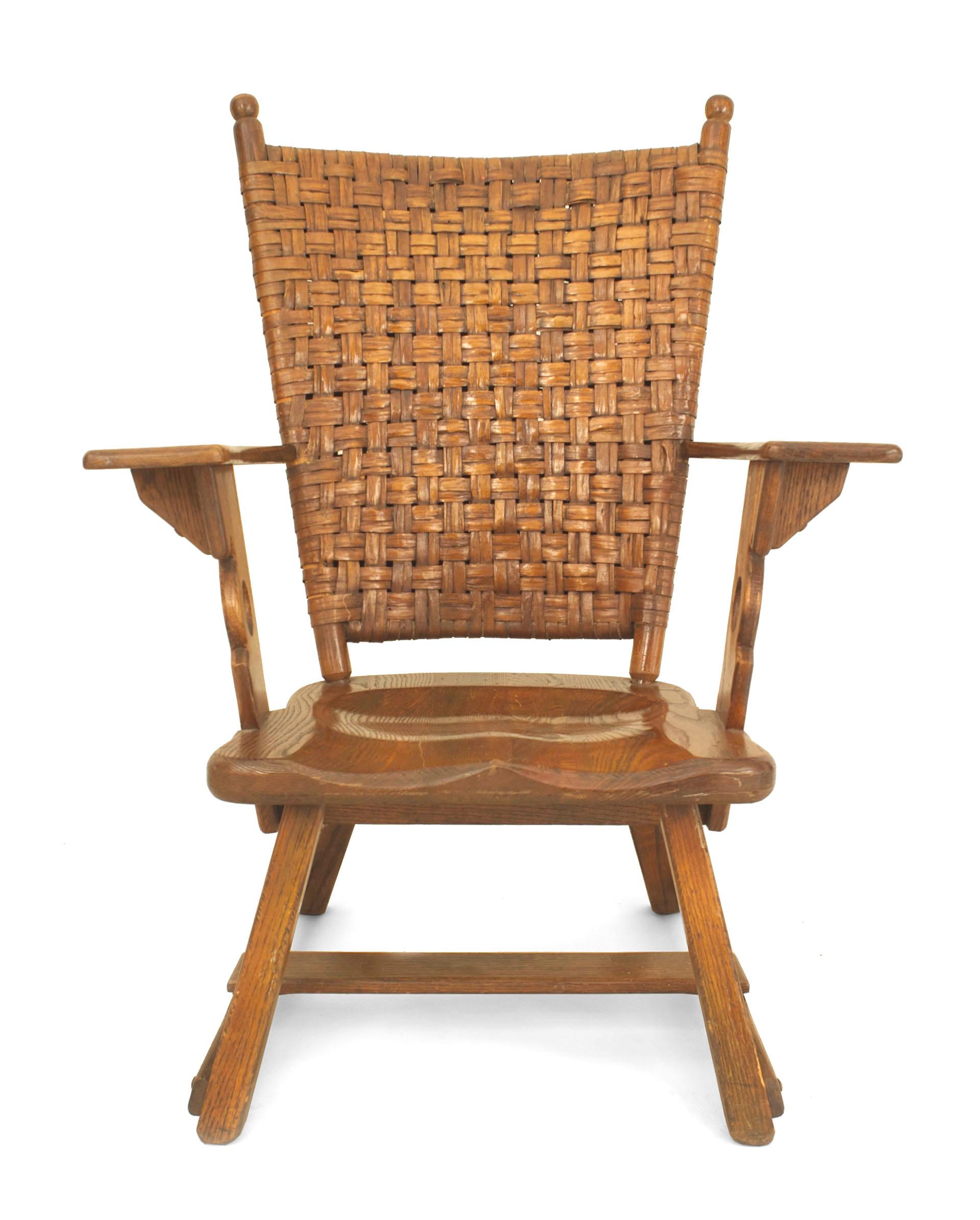 Pair of American Rustic Old Hickory Mission armchairs with woven high backs, finials, flat panel arms & stretchers & plaid seat cushions (American Provincial label; OLD HICKORY brand)(Sofa 060717, Lg rm 060718, 2 tub arms 060719)
