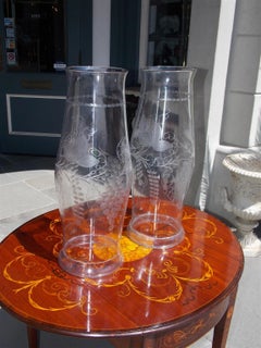 Pair of American Serpentine Floral and Grape Etched Hurricane Globes, Circa 1790