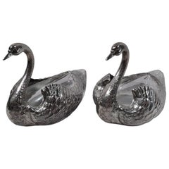 Paire de bols américains en argent sterling et verre avec oiseaux cygnes figuratifs