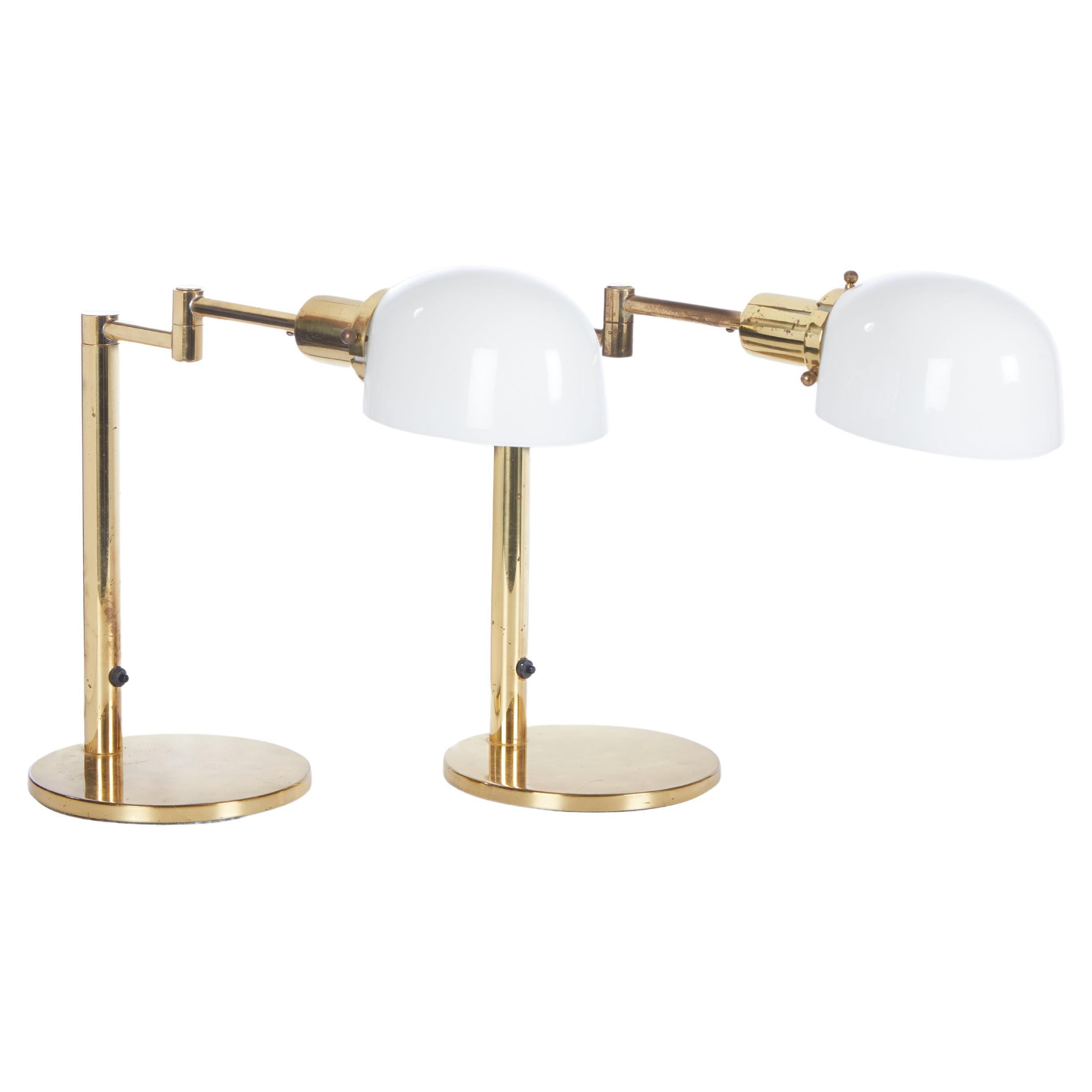 Pair of American Swing Arm Table Lamps in Polished Brass with Round Bases