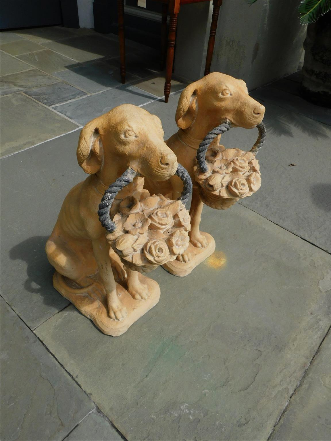 Pair of American terracotta sitting Labrador statues with rope handle flower baskets resting on rectangular plinths. Early 20th Century. Plinths measure 8 Wide and 12 Deep.
